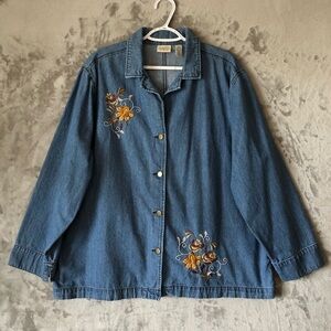 Classic Elements Women Denim Top Size 20-22W Embroidered Floral Bohemian